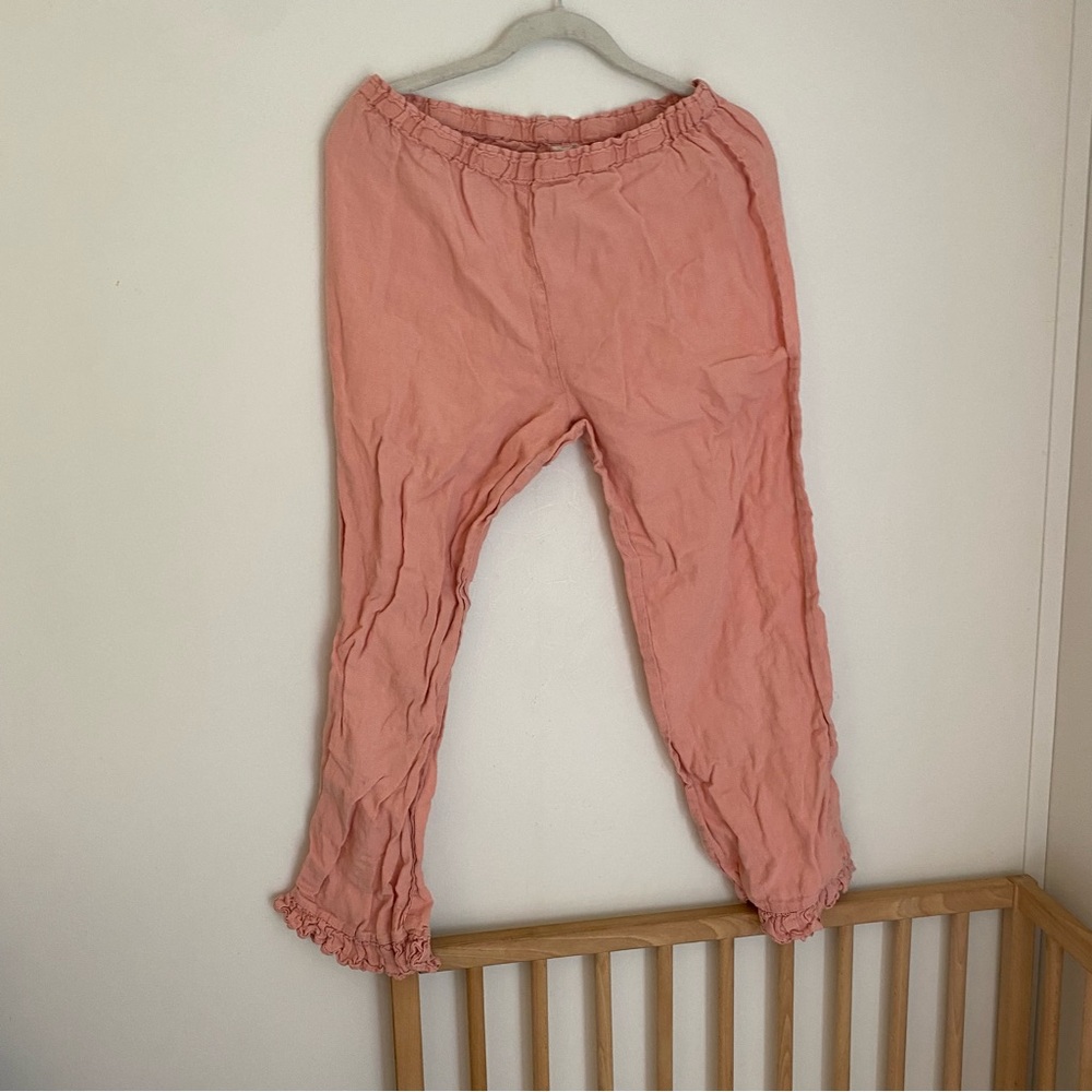 Soft Coral Pink Elastic Waist Ruffled Hem Linen Pants